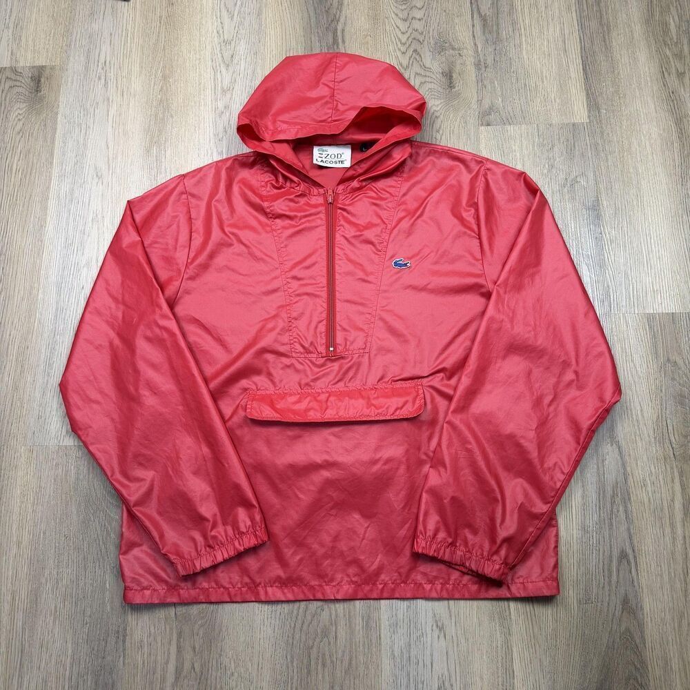 Vintage IZOD Lacoste Jacket Mens Large Red Nylon Hooded Anorak Windbreaker 80s
